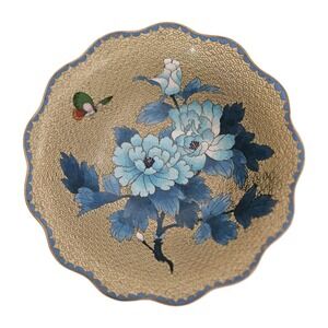 Vintage Chinese Cloisonné Enamel Bowl Blue Peony & Butterfly on Gold Scallop